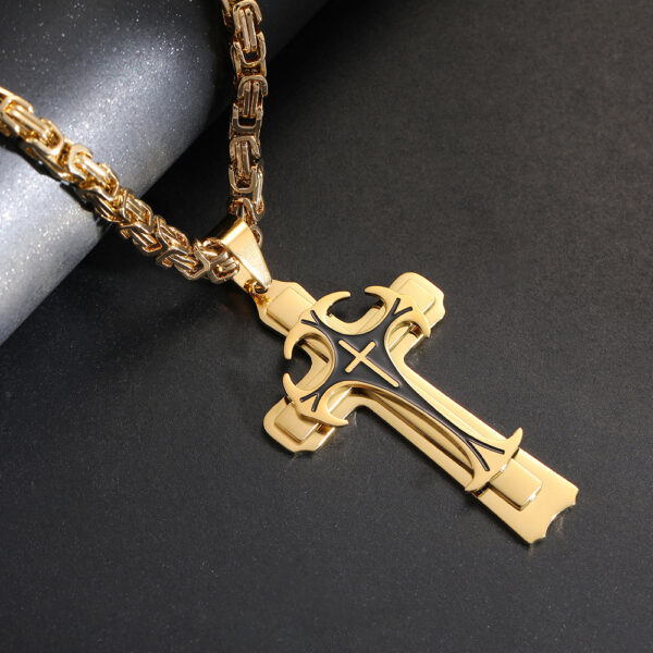 Titanium steel long necklace, three-layer cross pendant necklace for men